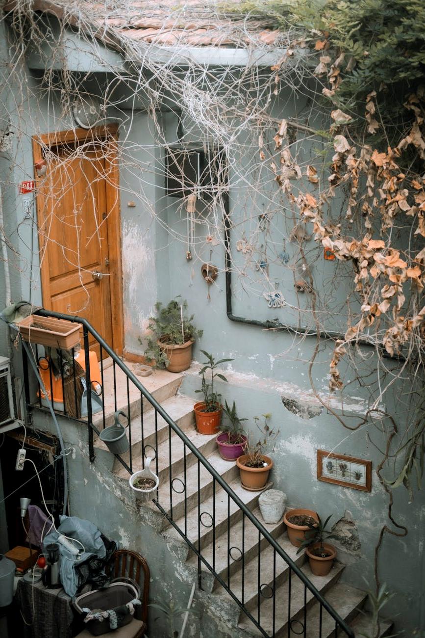 Concetto di giardinaggio urbano con piante in vaso sul balcone